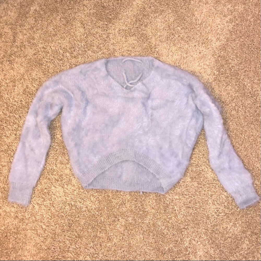 Fuzzy crop purple sweater string cross in back